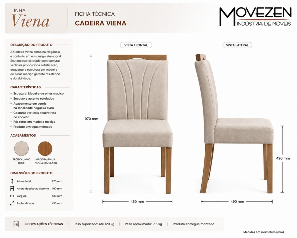 Ficha técnica da Cadeira Viena C 101 com vista frontal e lateral