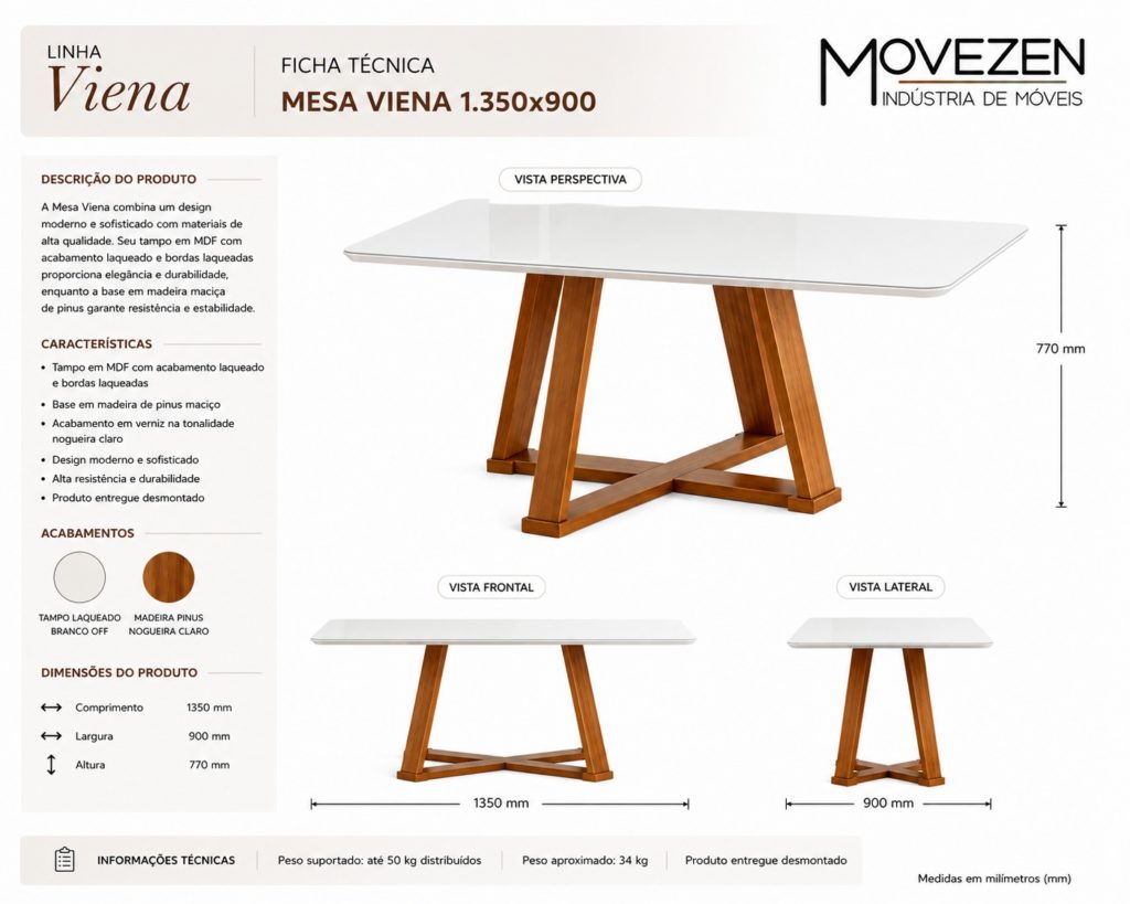 Ficha técnica Mesa Viena 1.350 x 900