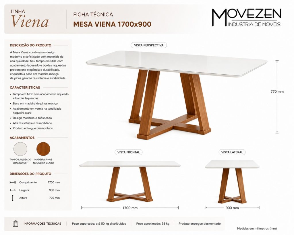 Ficha técnica Mesa Viena 1.700 x 900