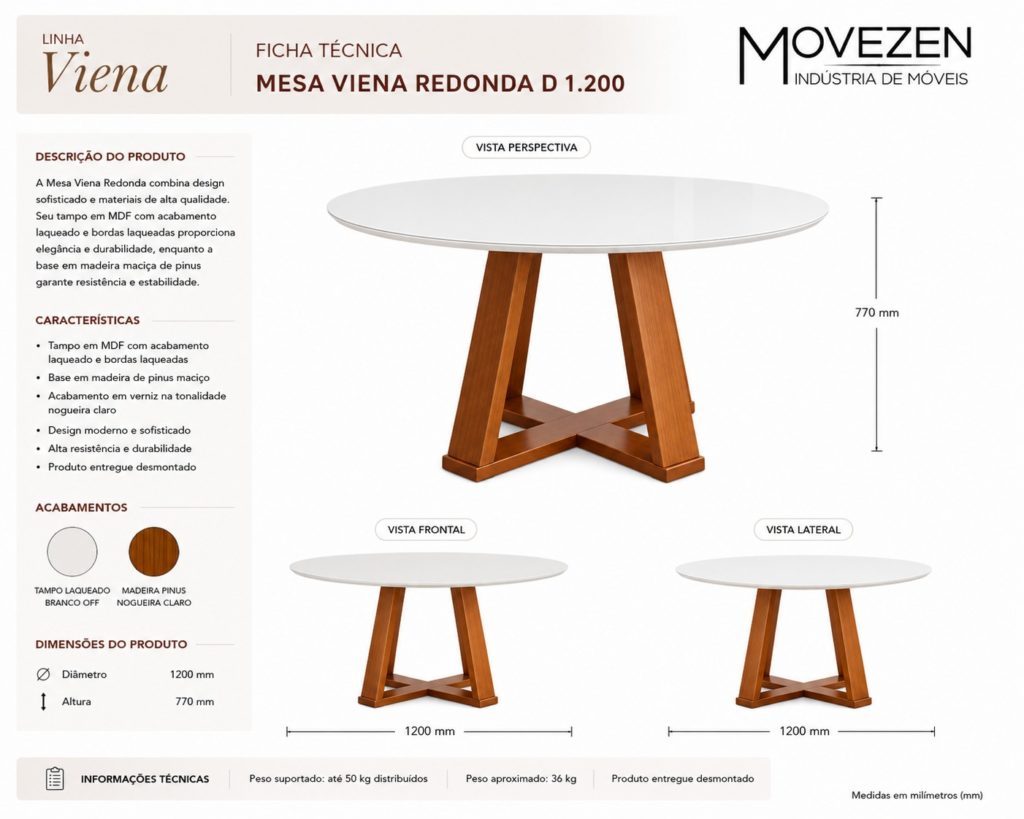 Ficha técnica Mesa Viena Redonda D 1.200