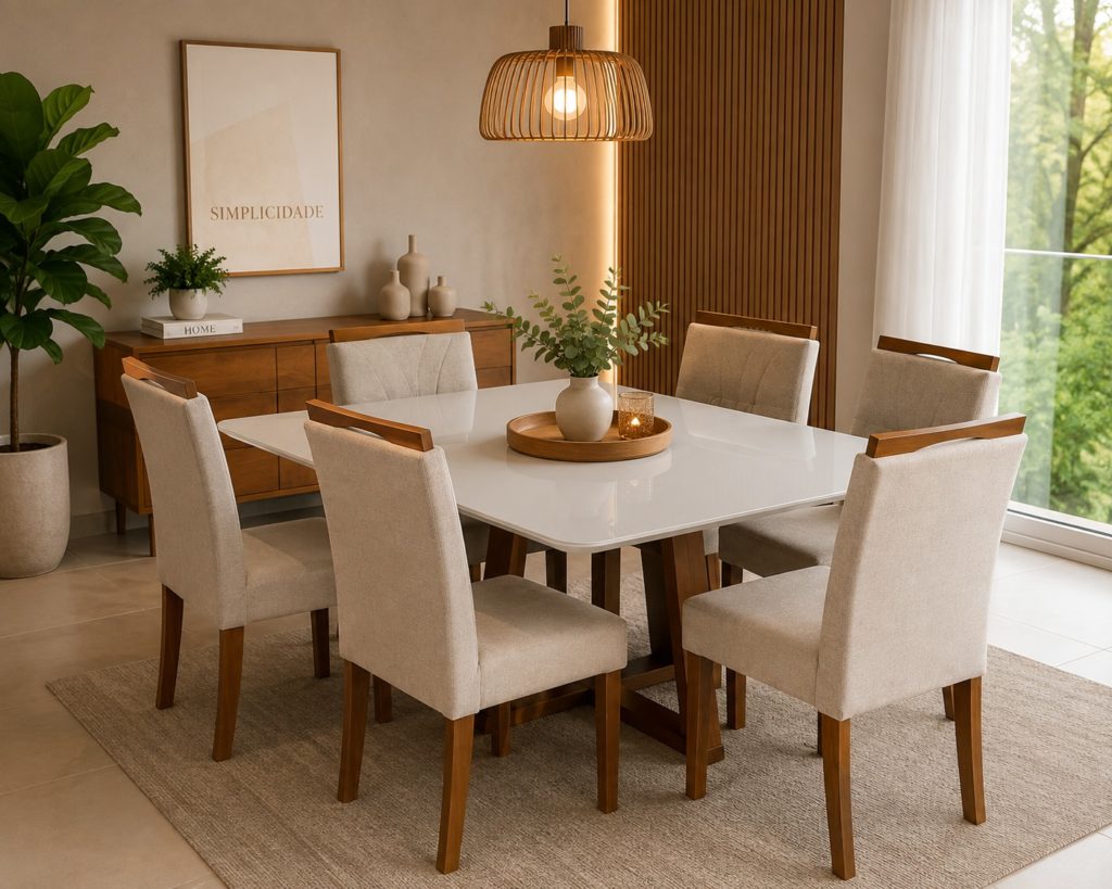 Sala de jantar com mesa Viena retangular e seis cadeiras